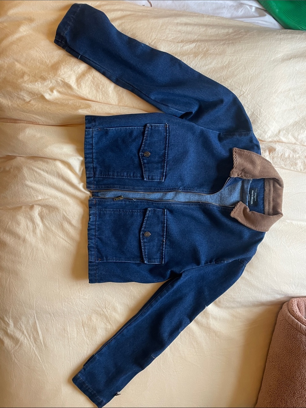 Women Navy Blue Jacket with Brown Corduroy Collar